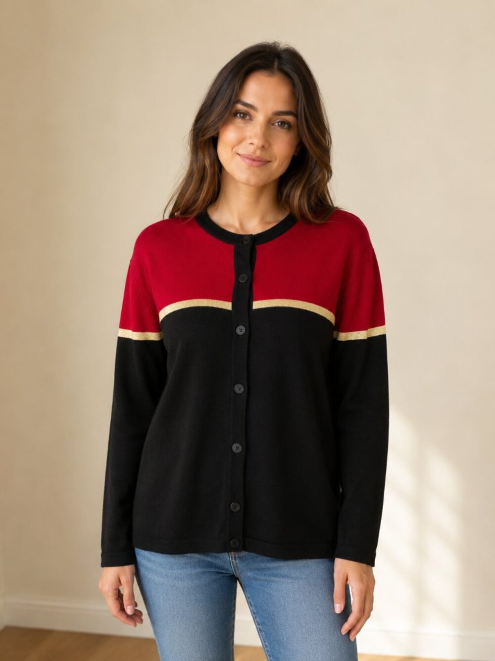Dressbarn Vintage Red Black Gold Colorblock Button Front Cardigan Medium